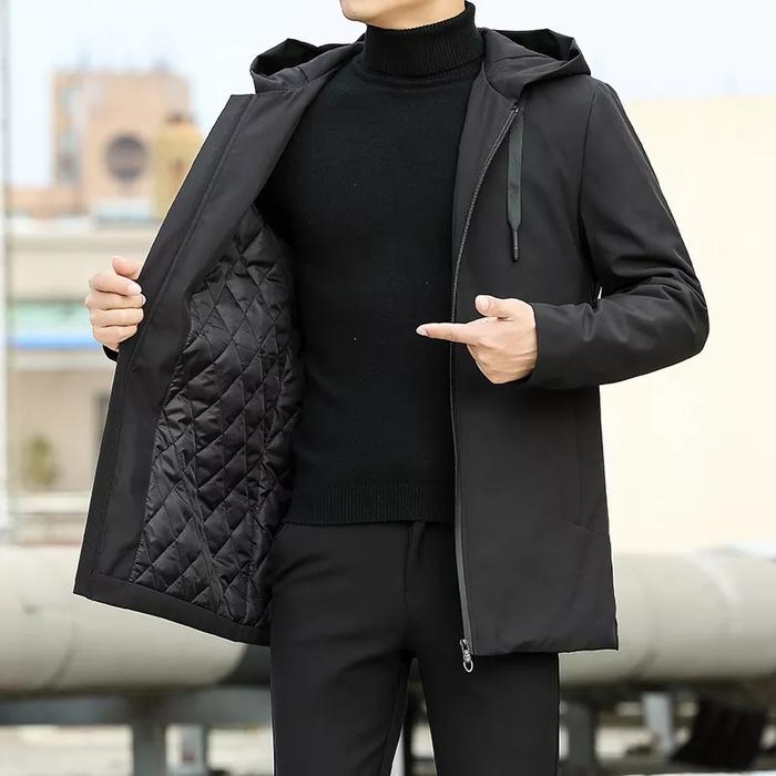 Jaket Pria Mantel Tebal Long Coat Terbaru Hitam Parasut Bahan Japan Drill American Dril Nyaman Keren