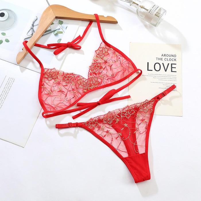 Lingerie WanitaTali Transparan Bra G String set Lingerie Sexy BH A137