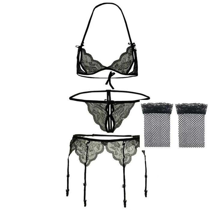 (COD) Garter Belt Sexy Bra Set G String Untuk Pengait Stoking Lingerie