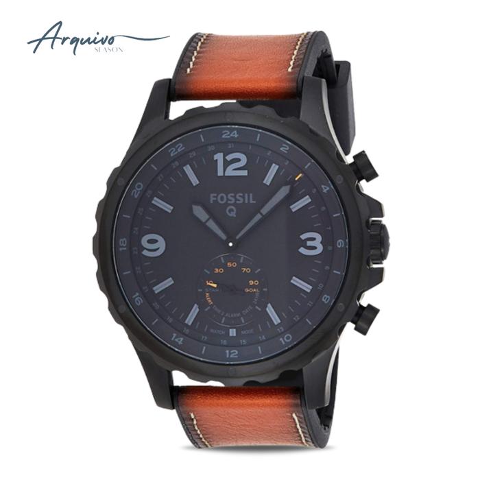 Jam Tangan Fossil Pria Hybrid Smartwatch Analog Kulit Brown Dial Black Casual Original FTW1114