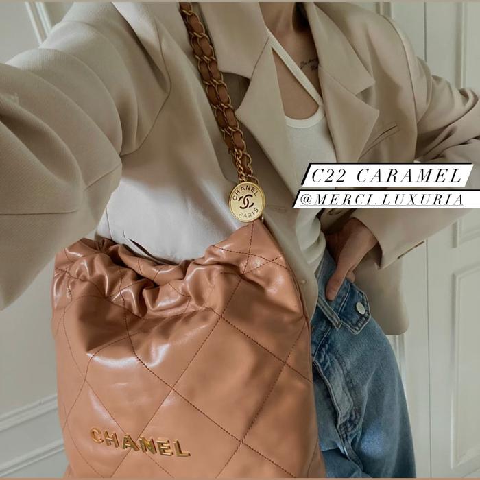 Original - Chanel 22 C22 Chanel22 Small Dark Beige Caramel GHW