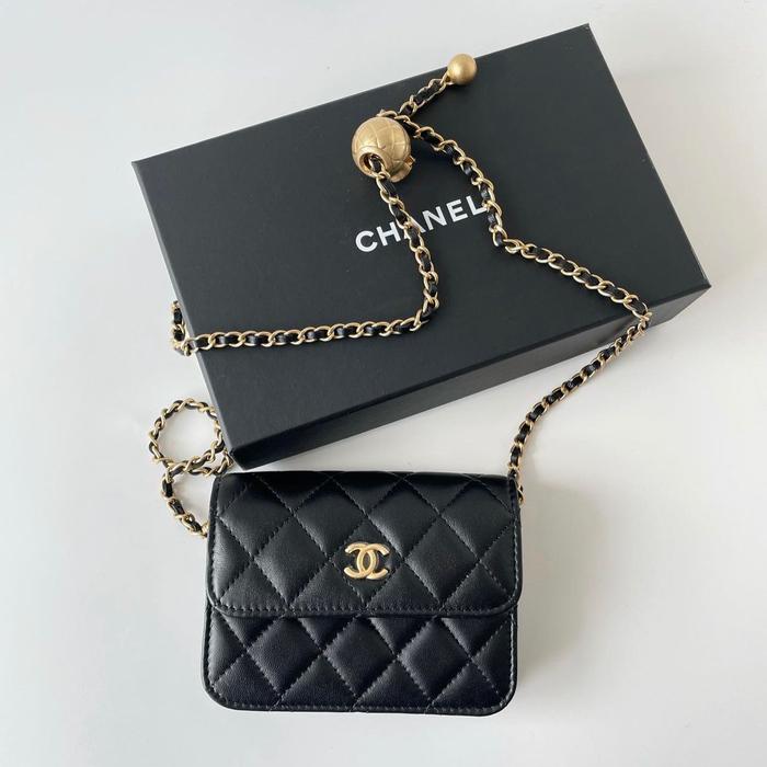 Original - Chanel Micro Flap Bag Mini Wallet Classic Black Pearl Crush
