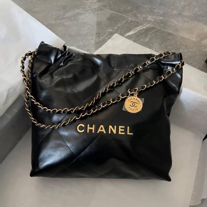 Original - Chanel 22 C22 Small Medium Black GHW Tote Bag