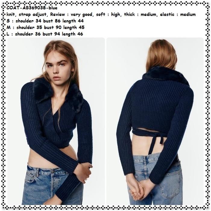 AB369038 Crop Cardigan Kimono Jaket Rajut Bulu Fur Wanita Korea Biru