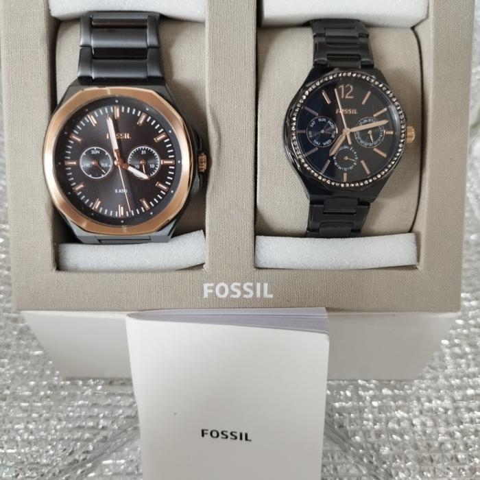 JAM TANGAN ANALOG ORIGINAL FOSSIL BQ2645SET COUPLE PRIA WANITA BLACK GOLD GLOSSY MEWAH