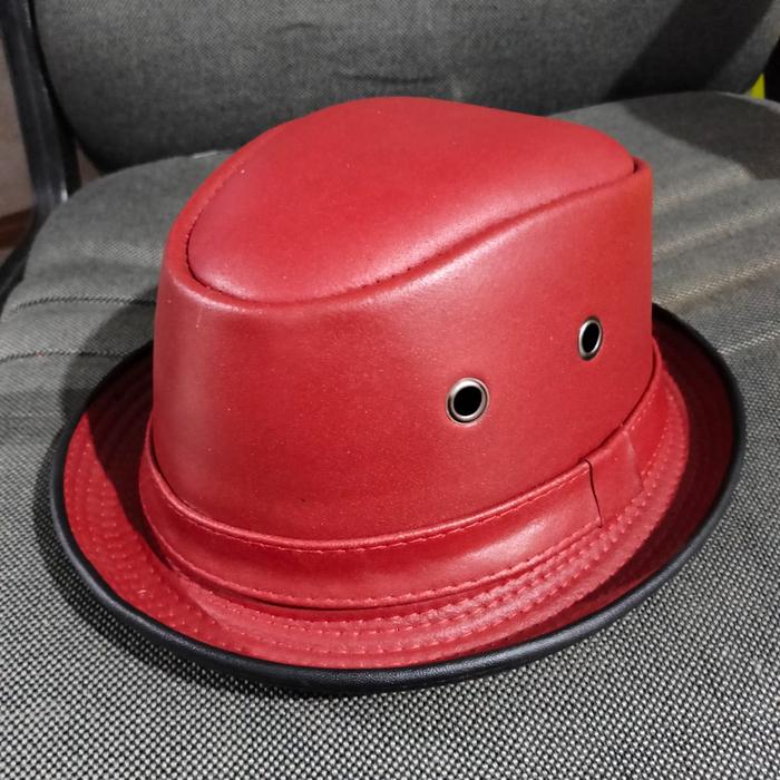 Topi Kulit Asli Pria Dewasa Topi Tompi Fedora Model Koboi Warna Merah