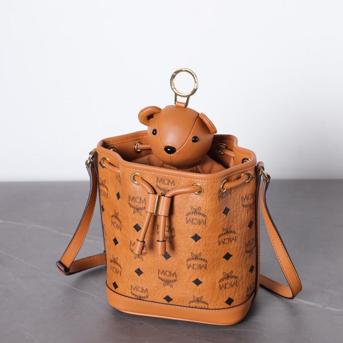Mcm Mini Bear Dessau Drawstring Bag Cognac Visetos Leather