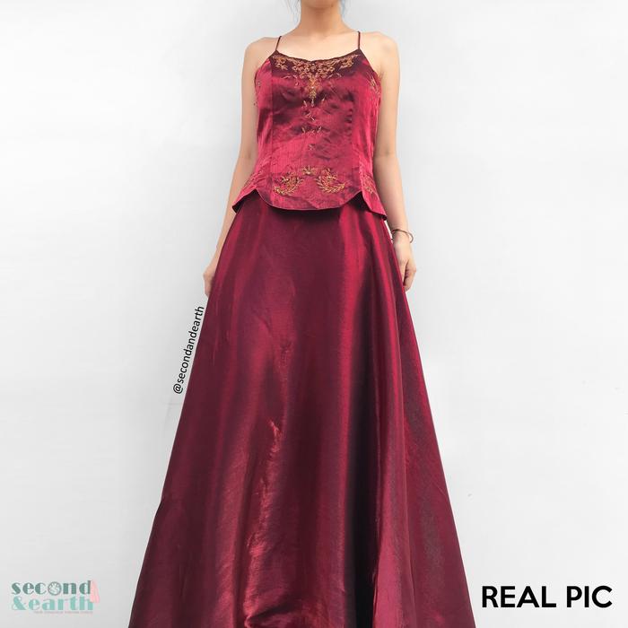 Preloved Alicia Long Dress S Terusan Pesta Strappy Aline Satin Maroon