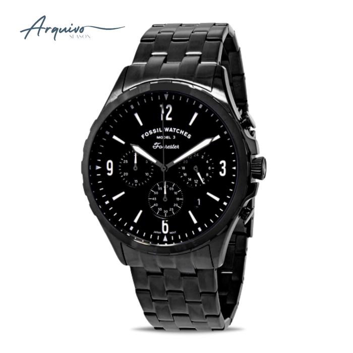 Jam Tangan Fossil Pria Forrester Chronograph Black Stainless Steel Mewah Sporty Original FS5697