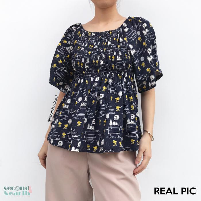 Preloved Blouse Flare XXS-XS Atasan Fit ALine Katun Navy Motif Snoopy