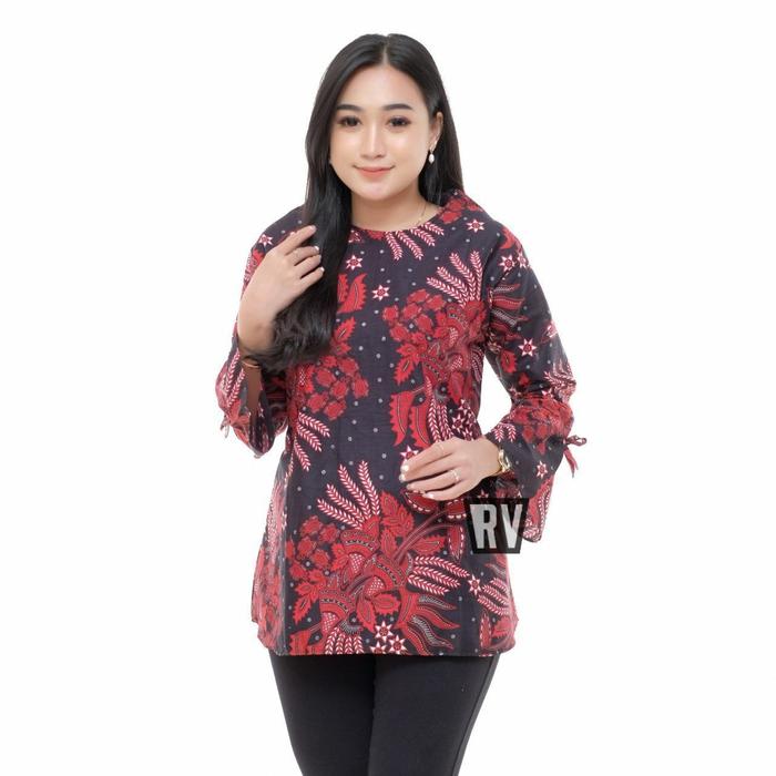 Blus Batik Wanita Modern Remaja Lengan Panjang 7/8 Motif Manggar Merah