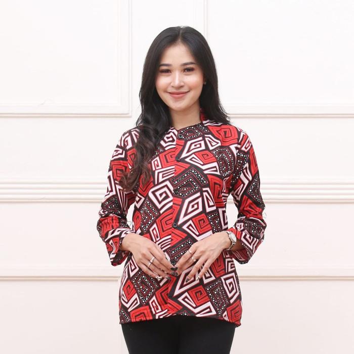 Blus Batik Wanita Modern Remaja Lengan Panjang 7/8 Motif G Merah