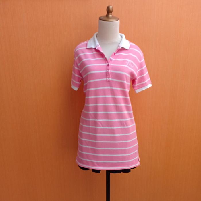 atasan kaos polo shirt wanita berkerah NEVADA pink salur putih L cewek