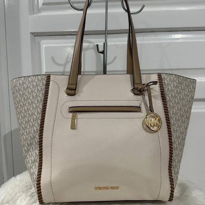 MICHAEL KORS CARINE LARGE FRONT ZIP POCKET TOTE SHOULDER LEATHER BAG