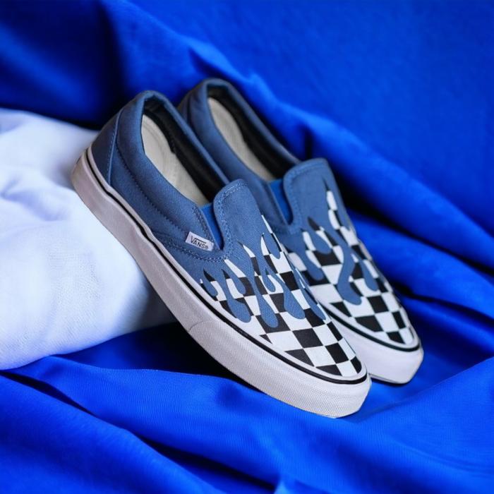 Sepatu Vans Slip On Checkerboard Flame Blue Original 100%