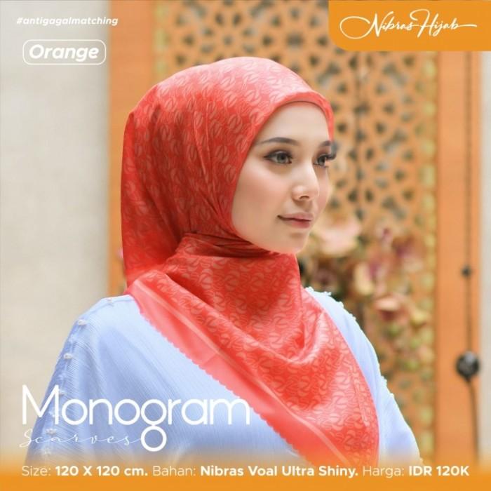 Nibras Hijab Twotone Monogram Scarf Warna Orange Segiempat Voal Motif