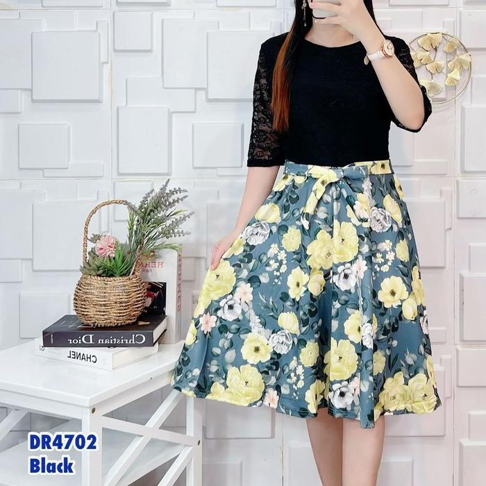 dress wanita brukat combi scuba import ld 90-100 red,yelow,salem,black