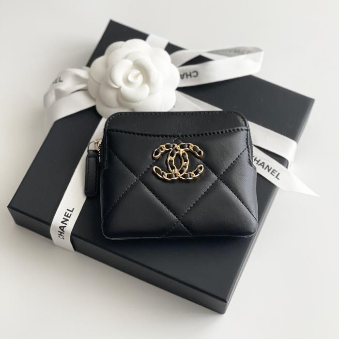 Original - Chanel 19 Compact Wallet Black GHW C19 Zipper Card Holder