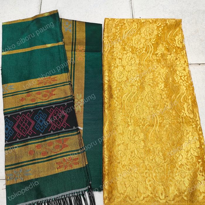 Set sadum sutra Hongkong dan bahan kebaya semi Prancis kuning