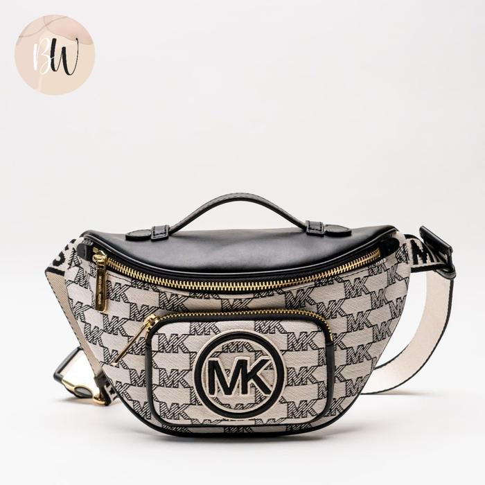 (LG) MlCHAEL KORS MK ERIN XS LOGO JACQUARD BUMBAG LUGAGGE BLACK WHITE