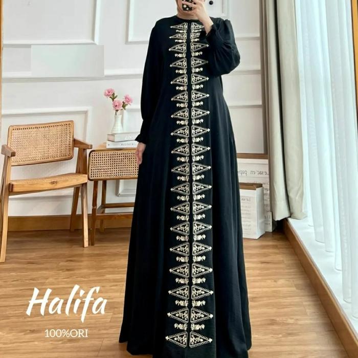 gamis crinkle airflow bordir abaya dress kondangan muslim 8928 halifa