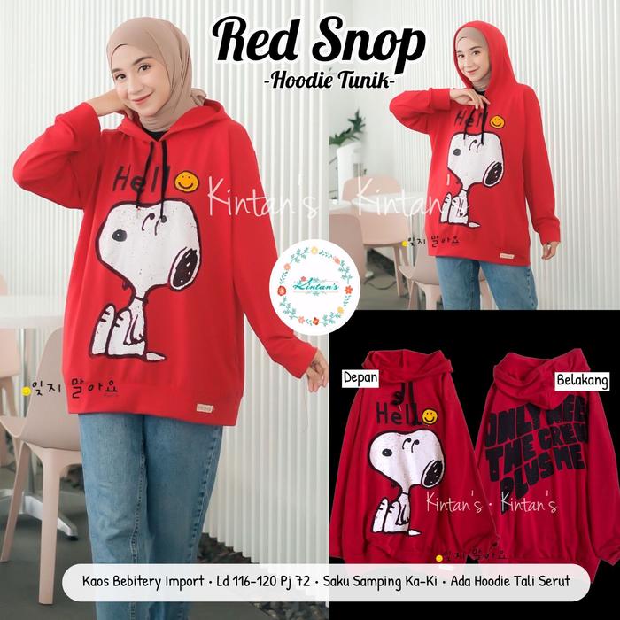 new red snop hoodie tunik baju atasan wanita modis casual motif snoopy