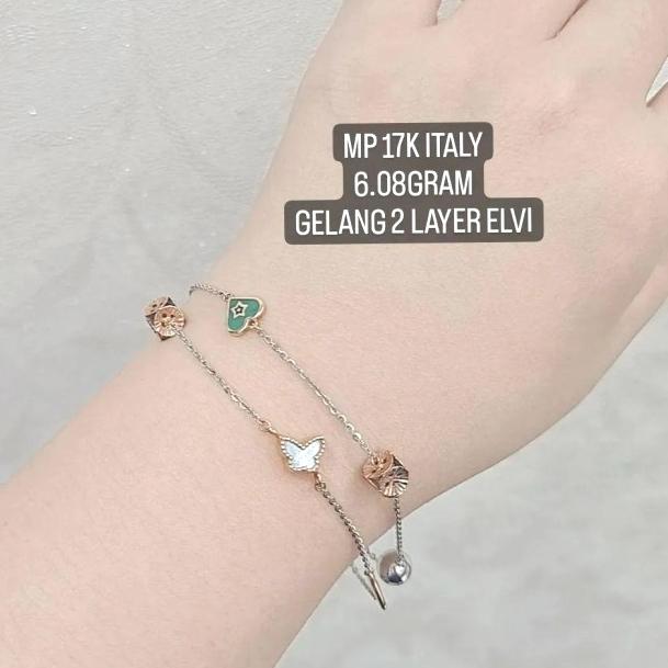 GELANG TANGAN EMAS ASLI ITALY 2 LAYER 2 SUSUN ELPI HATI KUPU2 CANTIK