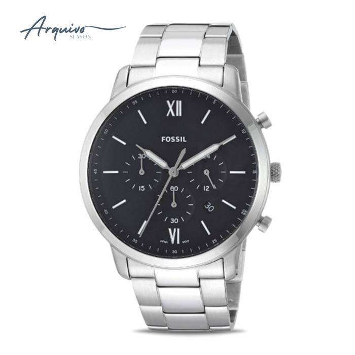 Jam Tangan Fossil Pria Neutra Chronograph Silver Stainless Steel Black Dial Mewah Sporty Original FS