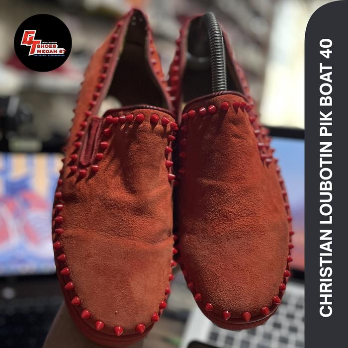 CHRISTIAN LOUBOTIN PIK Velour Boat Shoes Slip On Red size 40 ins 25 cm