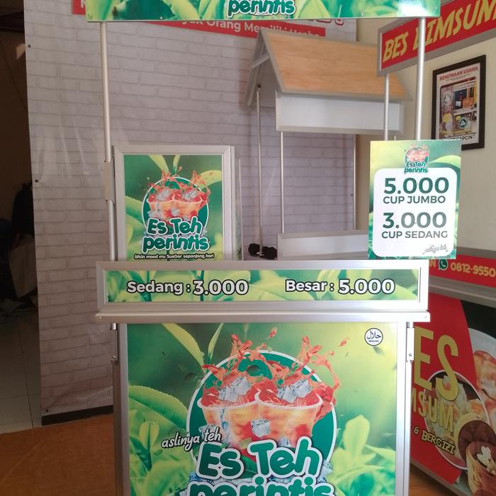 Booth Meja Gerobak Lipat Es Teh dengan Roda dan Tutup Dispenser