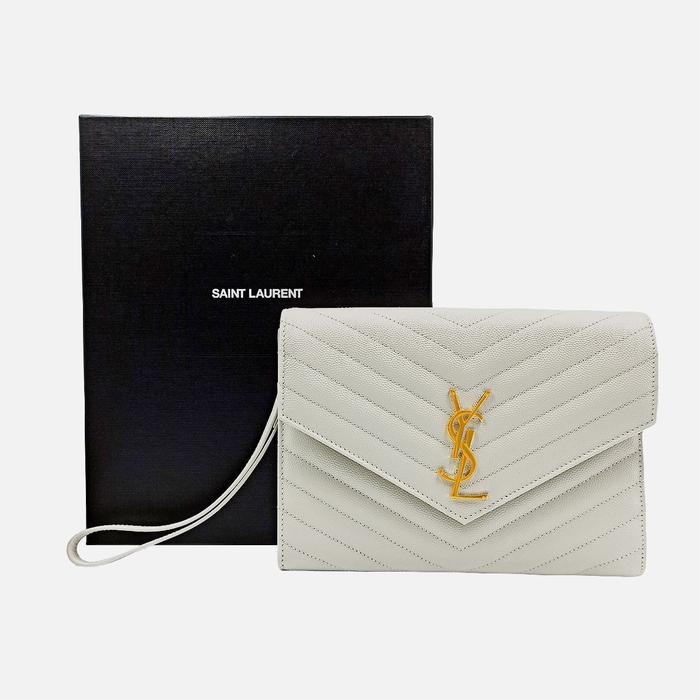 YSL Saint Laurent Monogram Envelope Wristlet Clutch Crema Soft GHW