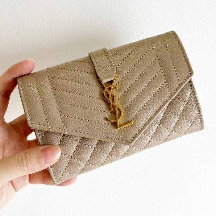 YSL Saint Laurent Mini Envelope Flap Wallet in Beige GHW