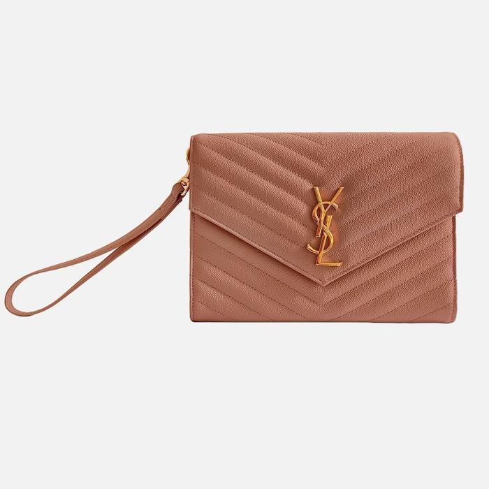 YSL Saint Laurent Monogram Envelope Wristlet Clutch Vintage Peach GHW