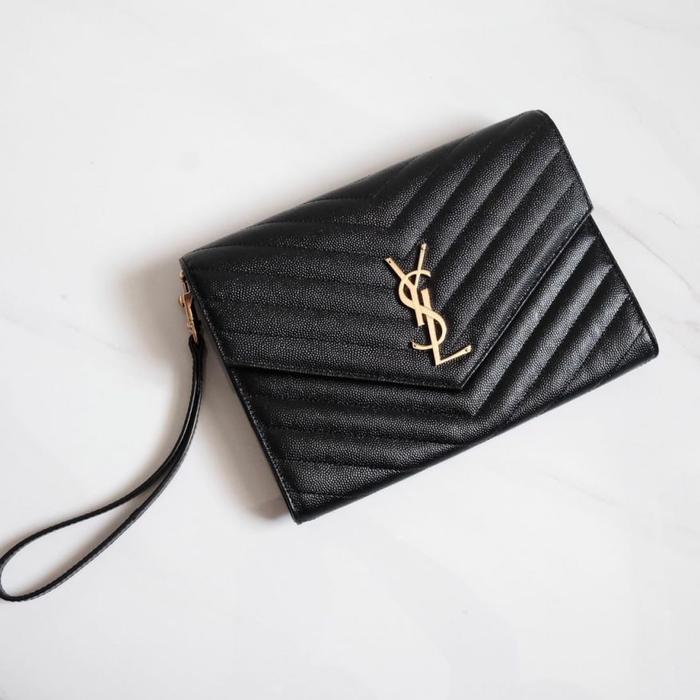 YSL Saint Laurent Monogram Envelope Wristlet Clutch Black GHW