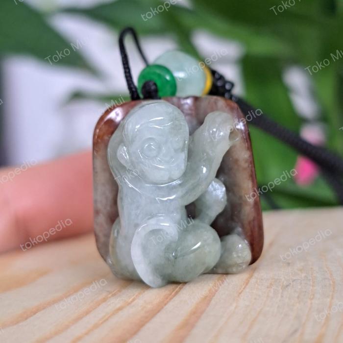 Kalung Liontin Giok Burma Shio Monyet pegang buku+sertifikat
