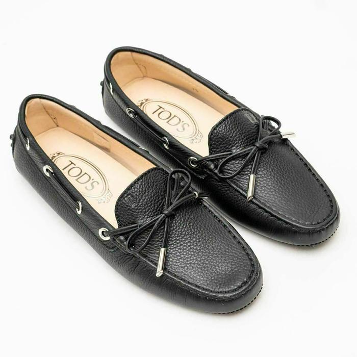Tod's Front Tie Hammered Leather Gommino Driving Loafer Shoes Black