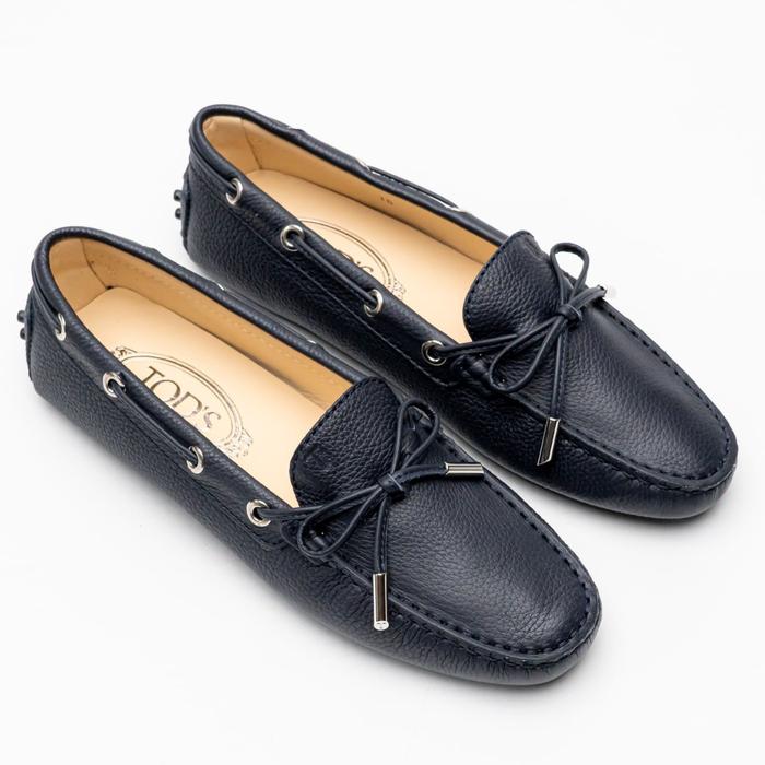 Tod's Front Tie Hammered Leather Gommino Driving Loafer Shoes Navy