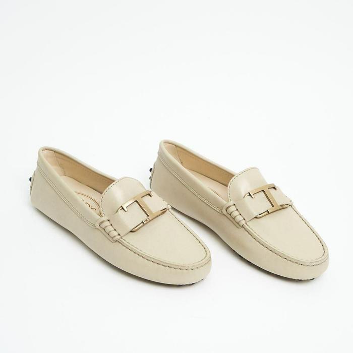 Tod's T Timeless Buckle Gommino Women Driving Loafer Shoes Natural