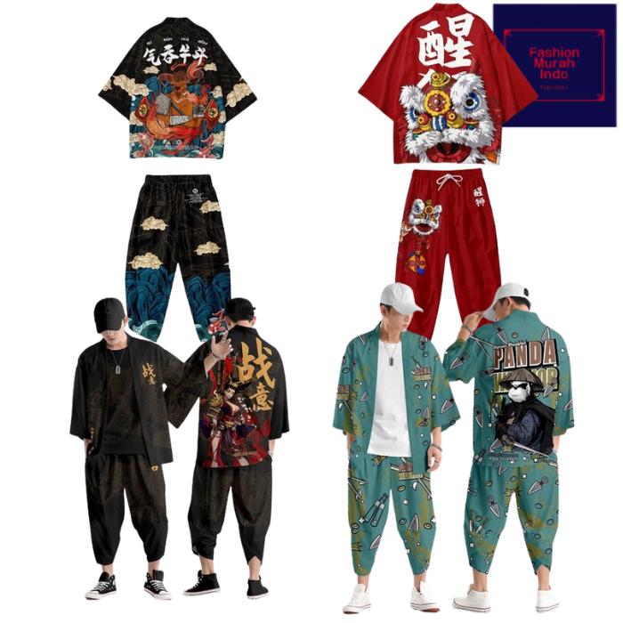 Yukata kimono pria wanita setelan set celana jepang m l xl xxl 2l 2xl