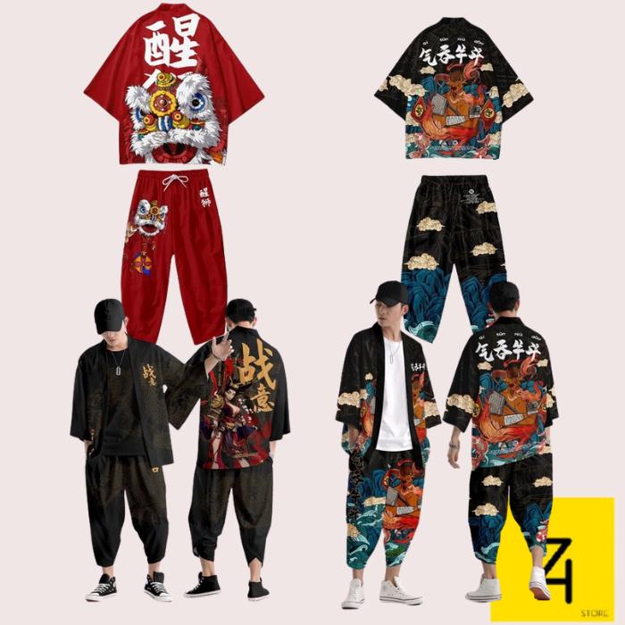 Kimono yukata set setelan celana jepang pria wanita m l xl xxl 2xl 2l
