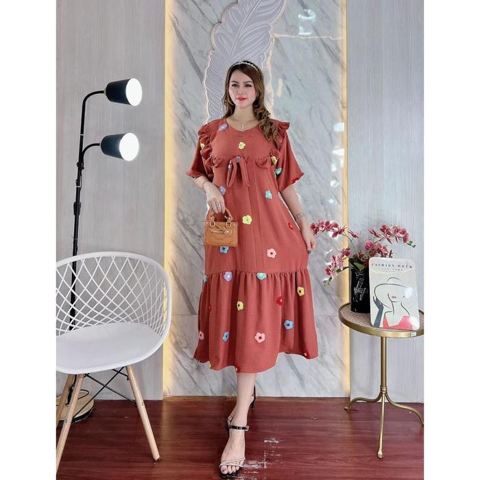New Daster Pompom Bahan Crinkle Airflow Motif Bunga Model Laura Ruffle