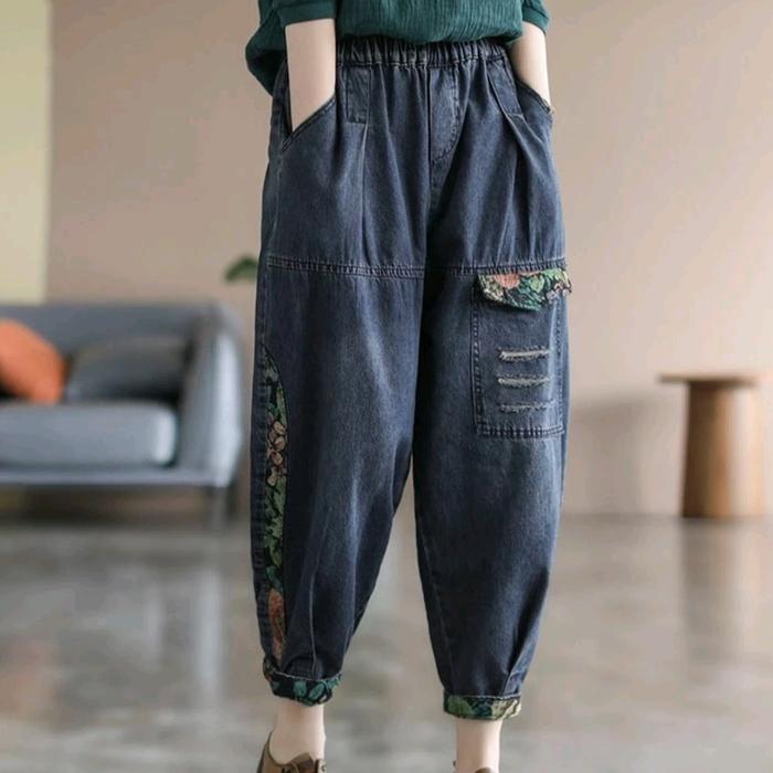 celana panjang wanita korea baggy jeans grey blue import bunga gkf
