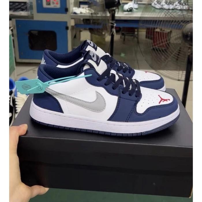 sepatu sneakers pria wanita aj1 low navy silver murah premium100%