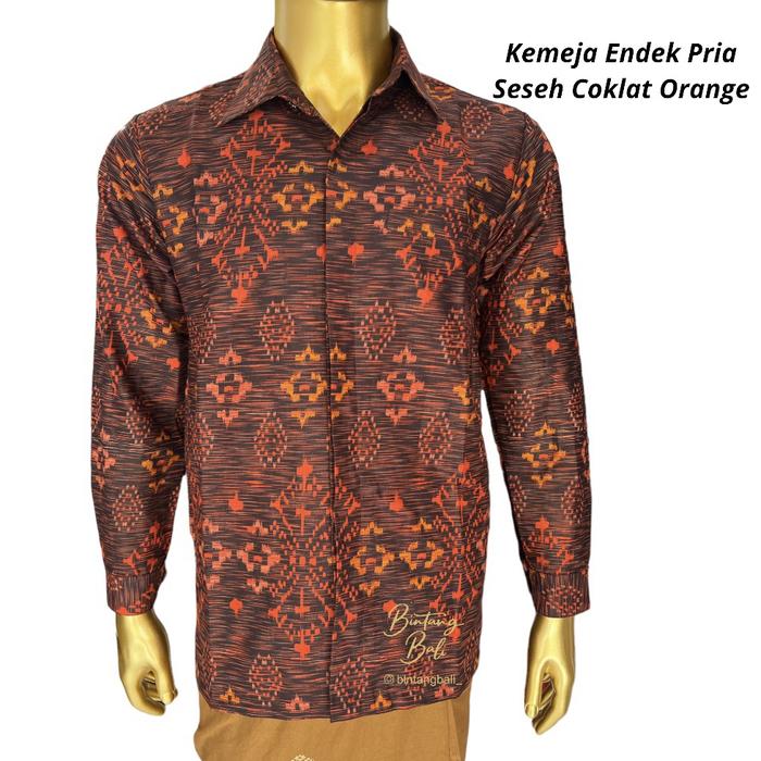 Kemeja Endek Bali Pria Lengan Panjang Seseh Coklat Orange