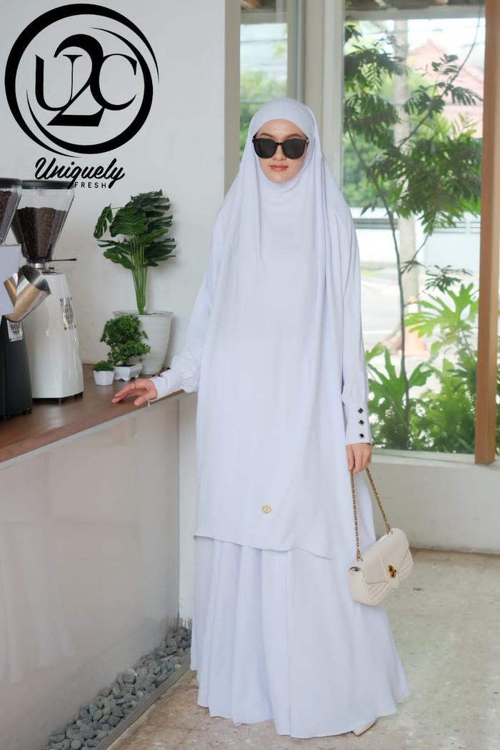 Gamis Syari Set Khimar Umroh Ramadhan Putih Hitam Premium Uniquely Ori