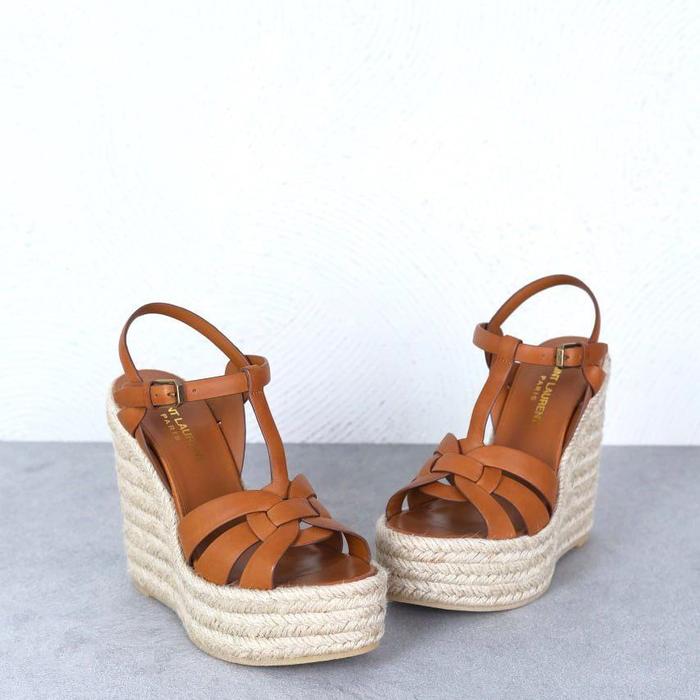 sepatu YSL Tribute Wedges Espadrilles 12cm Brown Tan Ambra