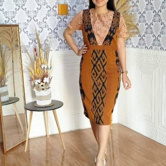 dress tenun kuning mustard mix brokat clasik