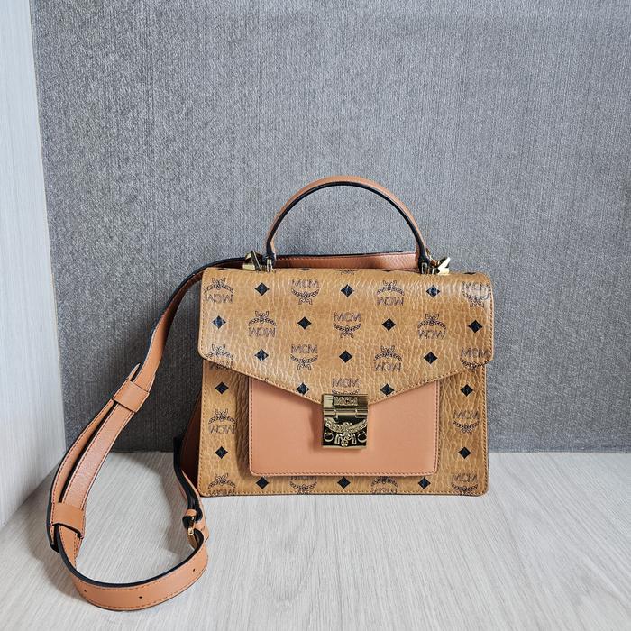 MCM Patricia Visetos Medium Satchel Brown Top Handle Long Strap Bag