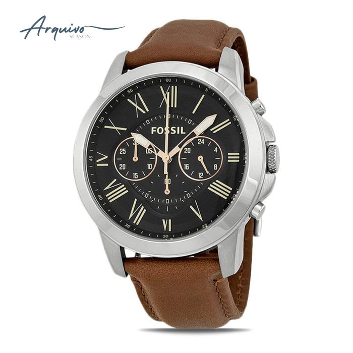Jam Tangan Fossil Pria Grant Kulit Brown Dial Black Chronograph Casual Original FS4813