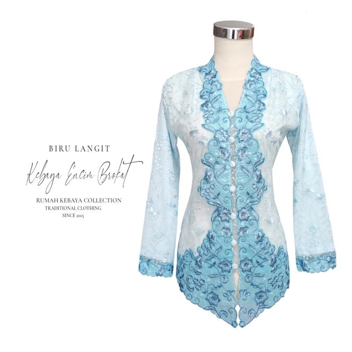 Kebaya Encim Brokat Bordir Kartini Modern Furing Biru Langit